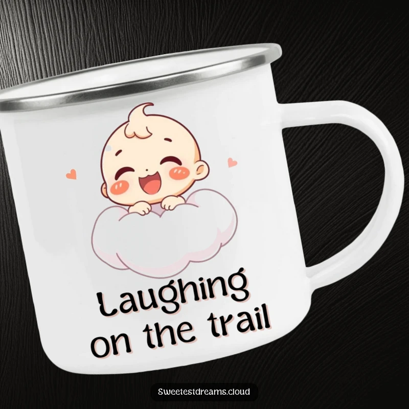 Funny camping mug featuring a joyful character giggling while floating on a cloud, bringing cheerful humor to outdoor experiences.