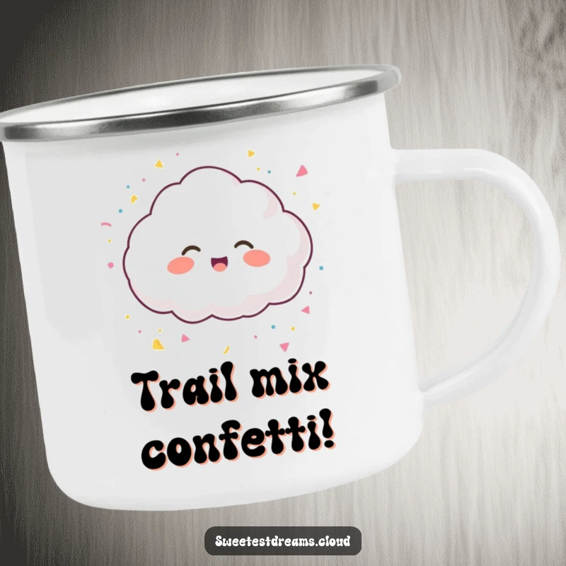 Funny camping mug with a giggling cloud character joyfully tossing confetti, perfect for festive outdoor enjoyment.