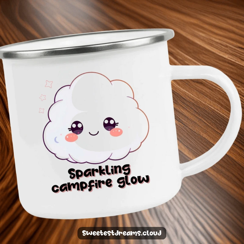Funny camping mug showing a fluffy cloud character blowing shimmering glitter, perfect for enjoying magical moments in the great outdoors.