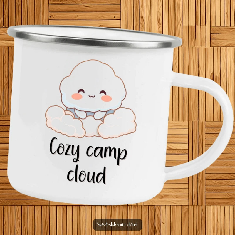 Funny camping mug showing a smiling cloud character nestled in fluffy clouds, perfect for enjoying warm drinks outdoors.