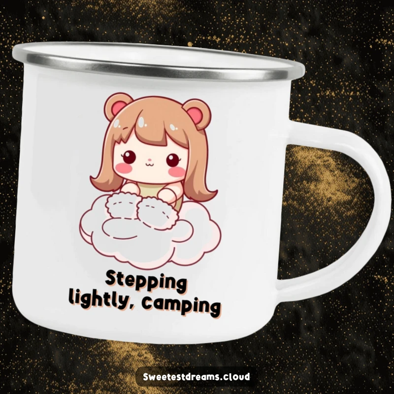 Funny kawaii character camping mug, wearing fluffy slippers, tiptoeing on a cloud, rugged and humorous drinkware.