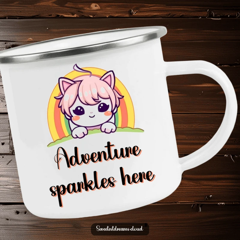 Funny camping mug with a character peeking from behind a rainbow with a mischievous grin, perfect for outdoor enthusiasts.