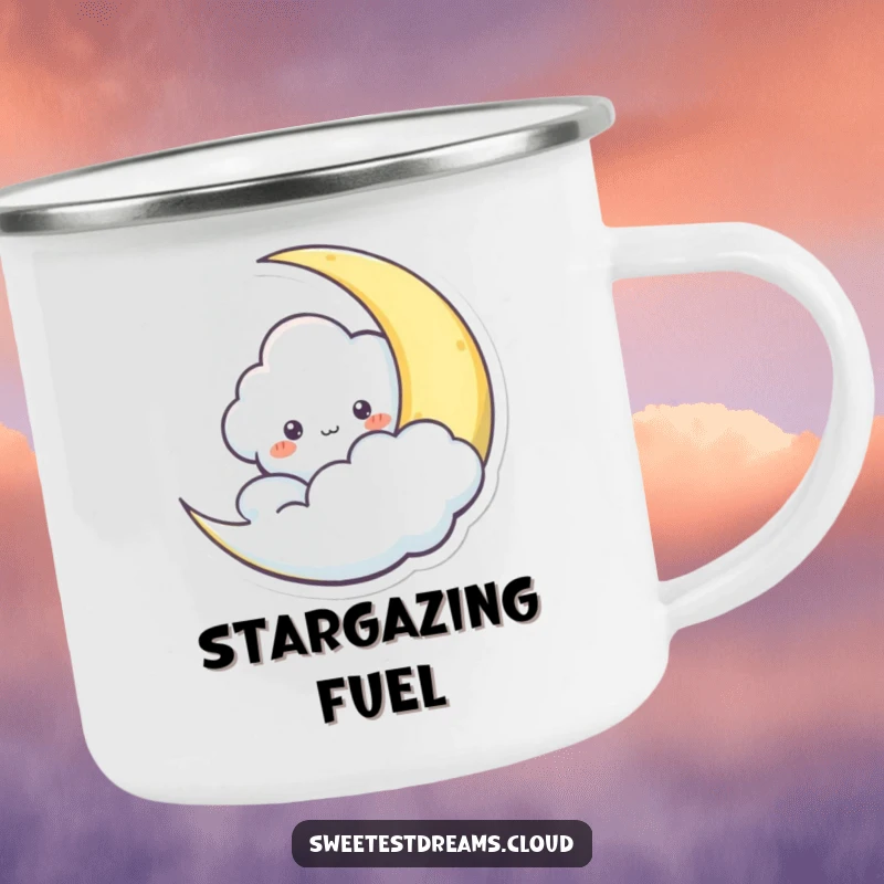 Funny camping mug with a cloud character playfully peeking from behind a crescent moon, perfect for night excursions.