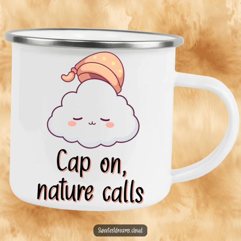 Funny cloud character camping mug wearing a tiny sleeping cap, floating gently. A durable, humorous mug for outdoor lovers seeking serenity.