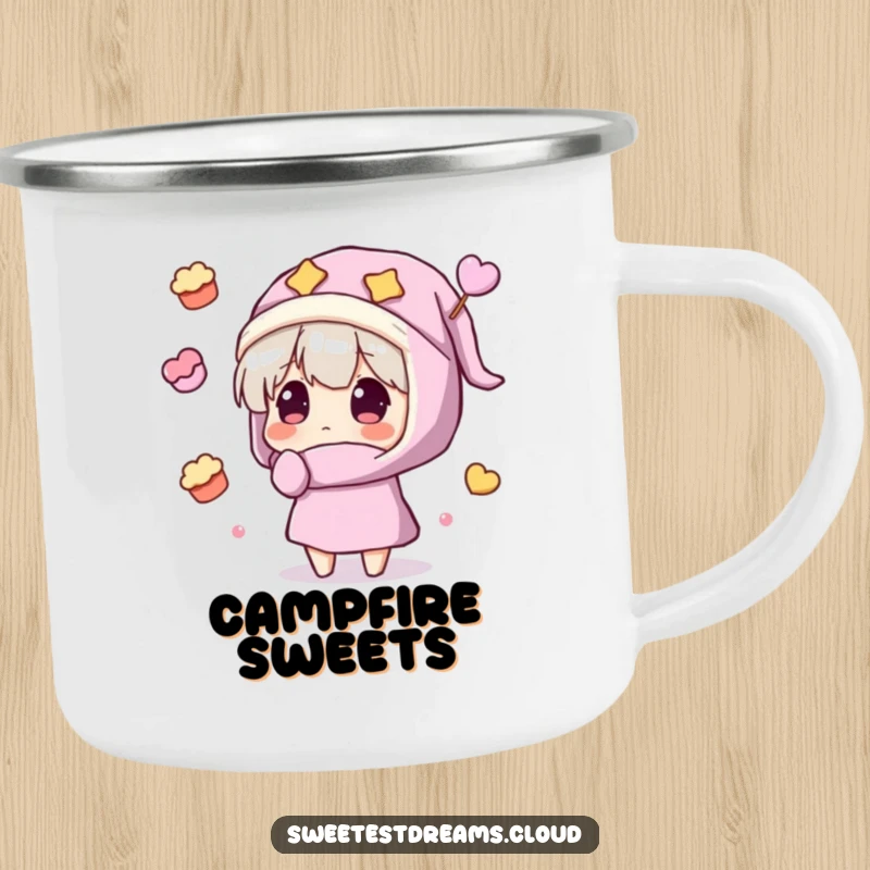 Funny Camping Mug featuring a character in a nightcap amazed by floating sweets, perfect for cozy nights outdoors with a humorous touch.