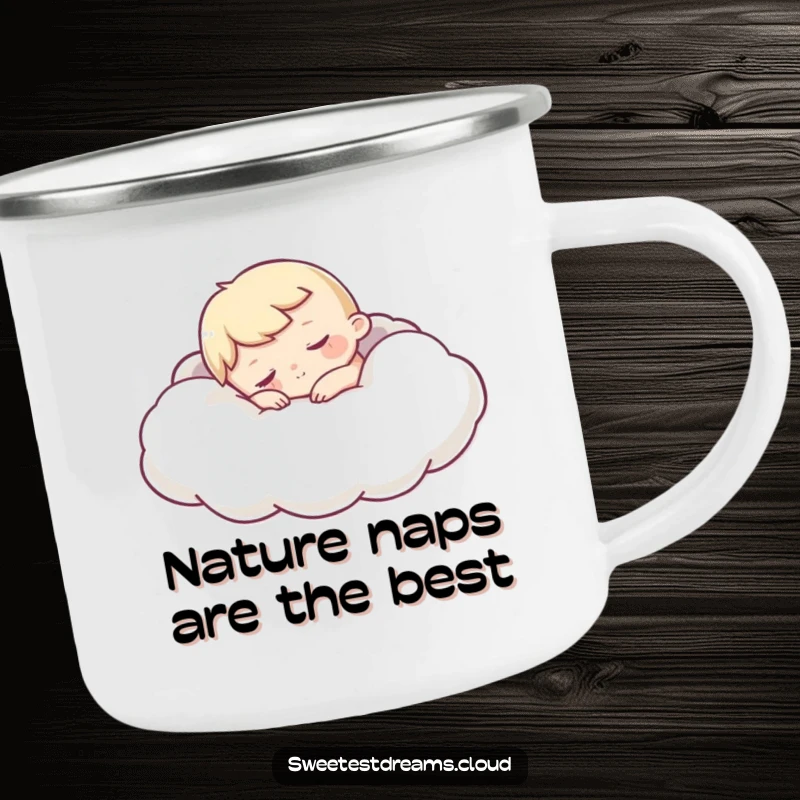 Funny Sleepy Character Camping Mug featuring a character napping on a cloud, designed for outdoor enthusiasts who appreciate humorous comfort.