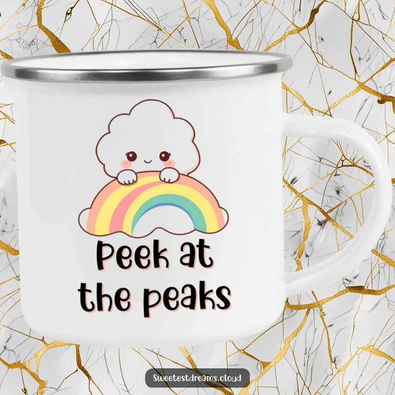 Funny camping mug displaying a curious cloud peeking over a rainbow, ready for outdoor adventures and hot beverages.