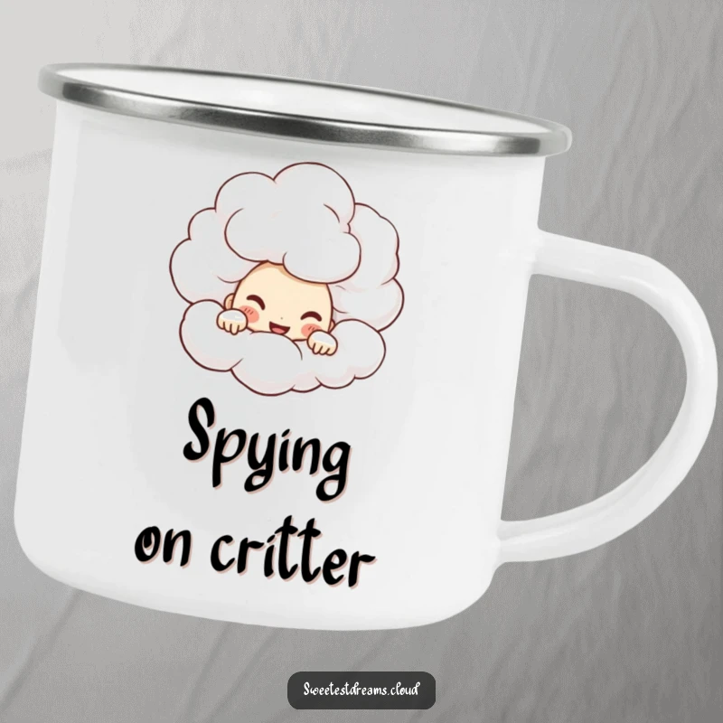 Funny Camping Mug with a character peeking from behind a cloud, wearing a mischievous grin, built for outdoor fun.