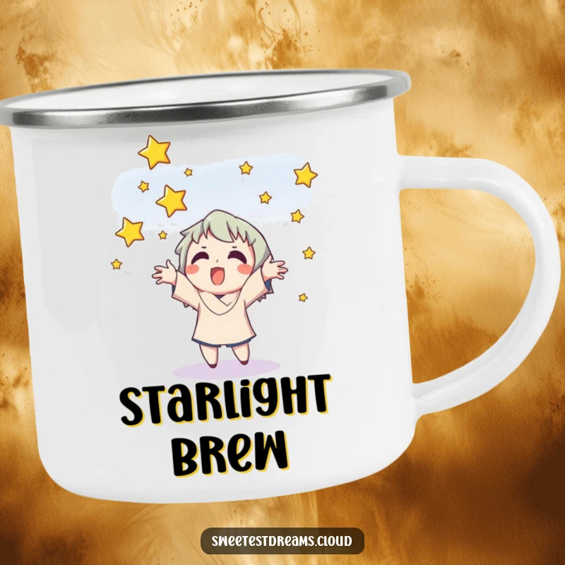 Funny camping mug showing a character catching stars, built for adventure and cosmic inspiration.