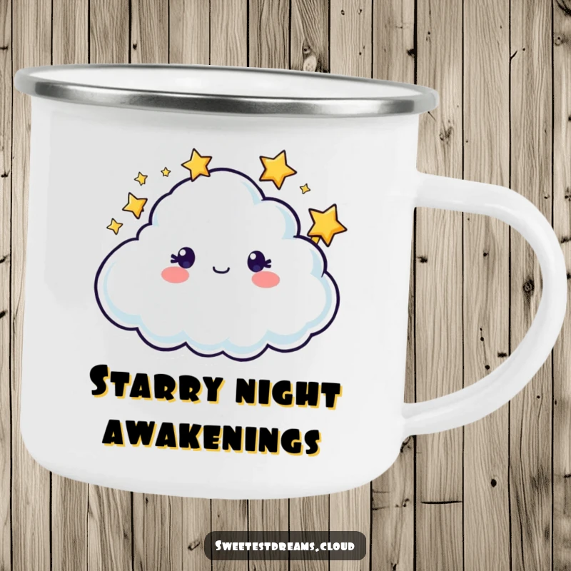 Funny cloud character with twinkling stars circling its head, printed on a rugged and humorous camping mug.