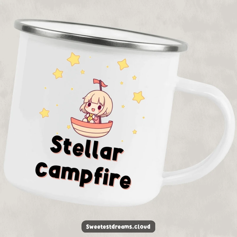 Funny camping mug featuring a character sailing through a star-filled sky, built for adventure and cosmic inspiration.