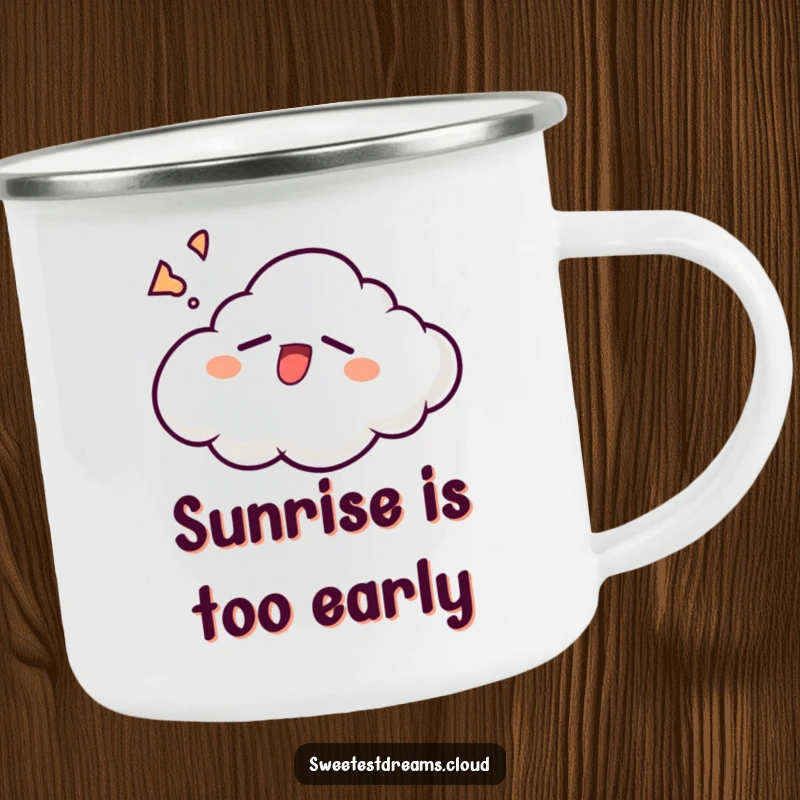 Funny cloud character yawning with a sleepy grin, printed on a rugged and humorous camping mug.