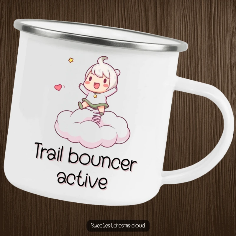 Funny Camping Mug with a character energetically bouncing on a springy cloud, built for outdoor fun and laughter.