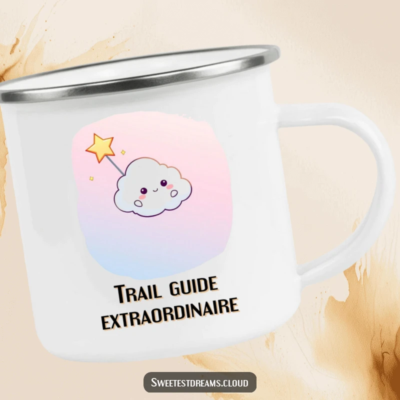 Funny camping mug featuring a cloud character guiding a shooting star, ideal for outdoor drinks.