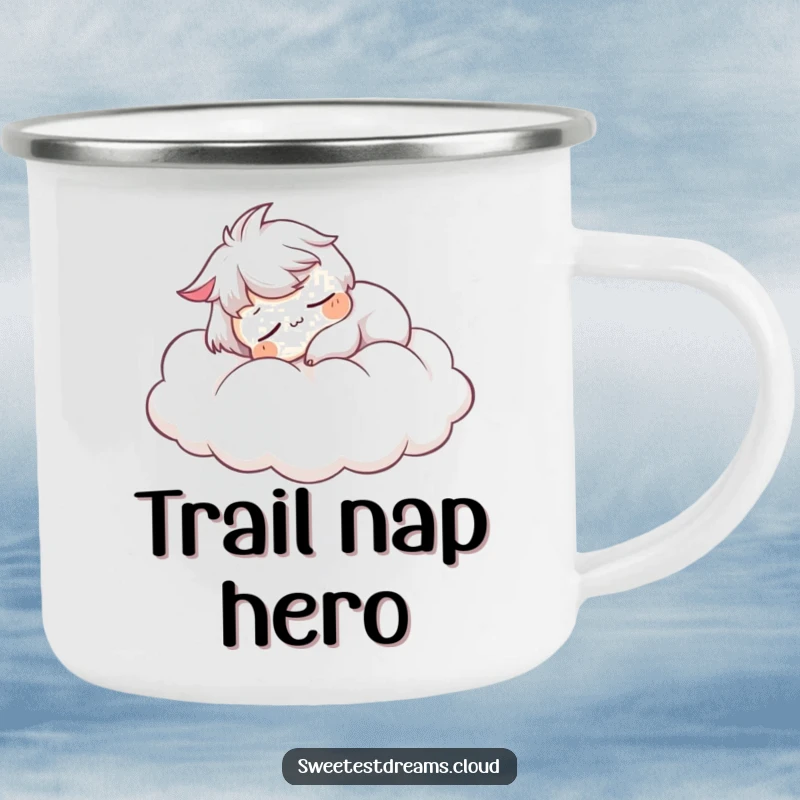 Funny Camping Mug: Character peacefully sleeping on a cloud, a durable and funny mug for serene outdoor moments.