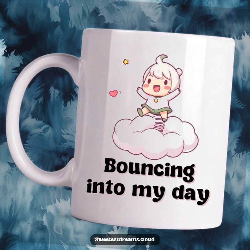 Funny Mug showing a happy character energetically bouncing high on a soft, springy cloud, conveying pure joy.