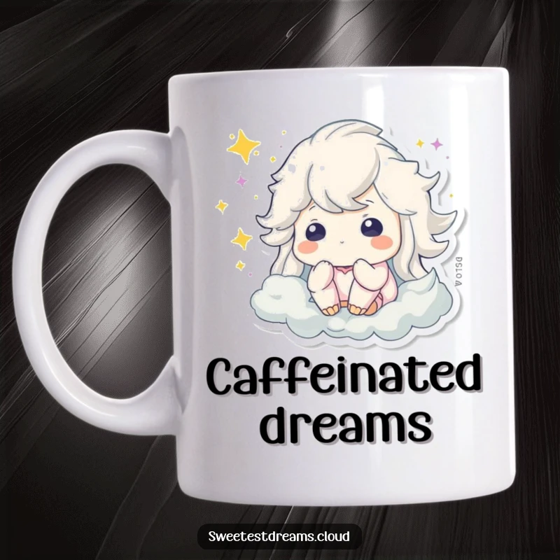 Funny mug showcasing a character peacefully dreaming, surrounded by swirling, sparkling dust clouds.