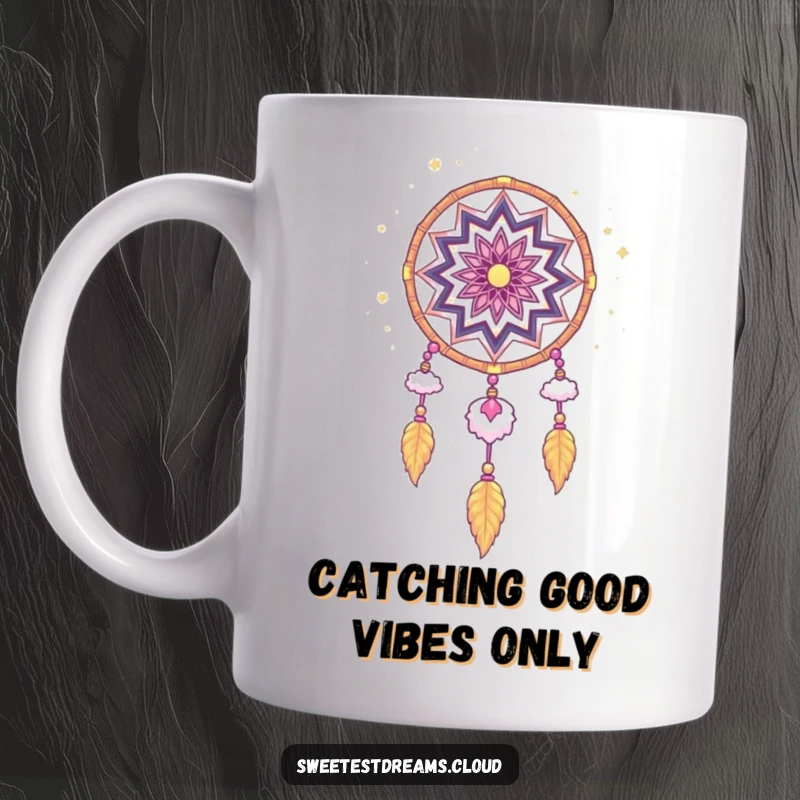 Funny Dream Catcher Mug with stardust and soft cloud shapes, symbolizing whimsical dreams and cosmic wonder for a delightful user experience.