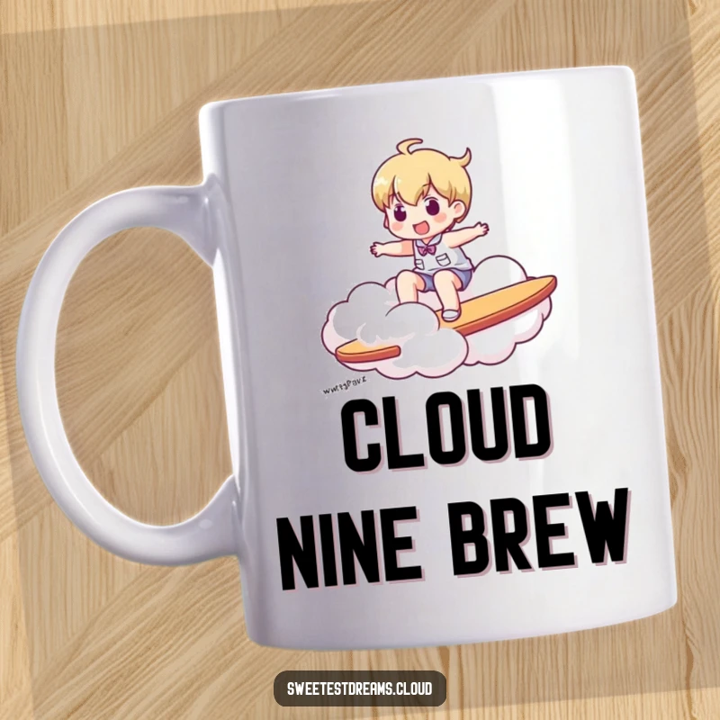 Funny mug depicting a joyful character surfing on a fluffy cloud, like a surfboard, across the sky.