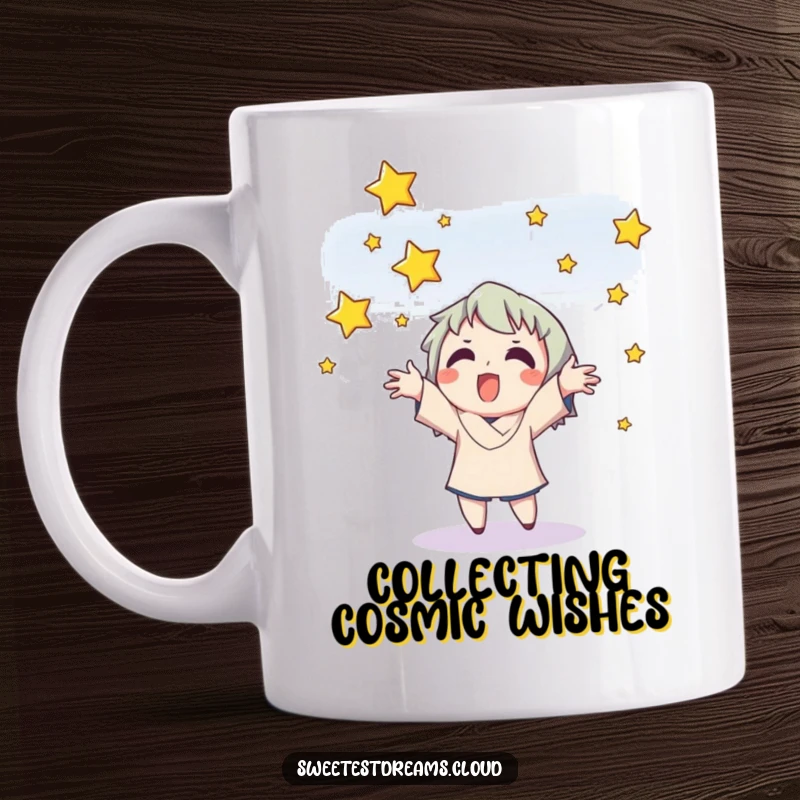 Funny mug featuring a joyful character catching twinkling stars with open hands, a symbol of hope and wonder.