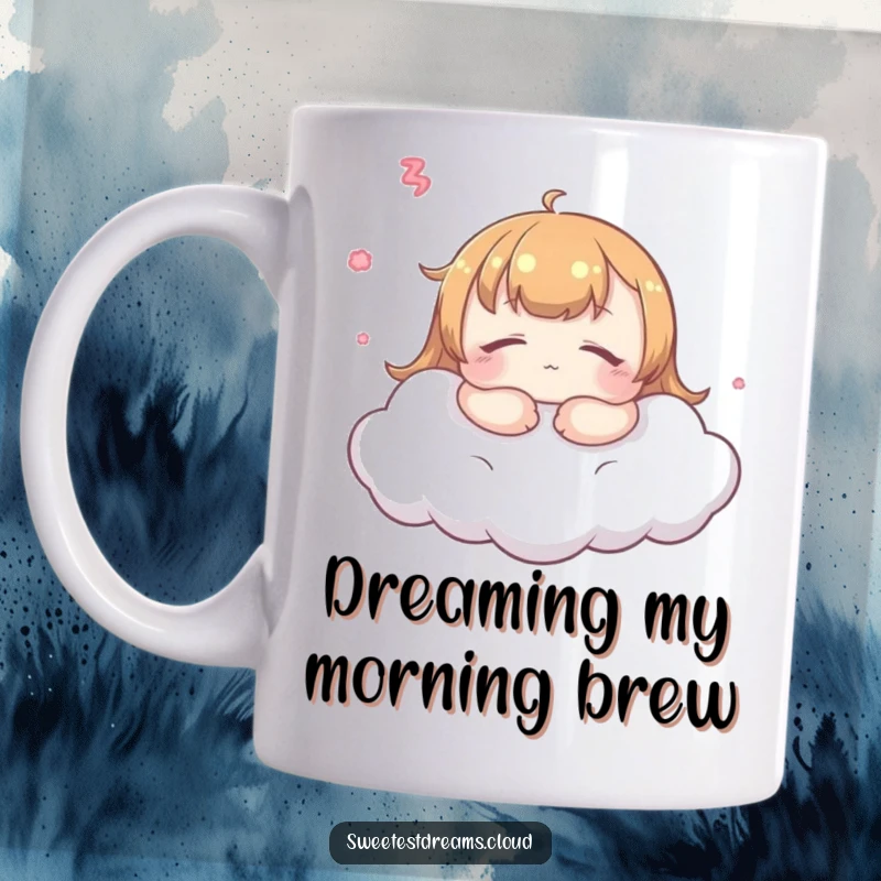 Funny kawaii dreaming character mug, peaceful expression, resting on a soft cloud, serene and humorous morning start.