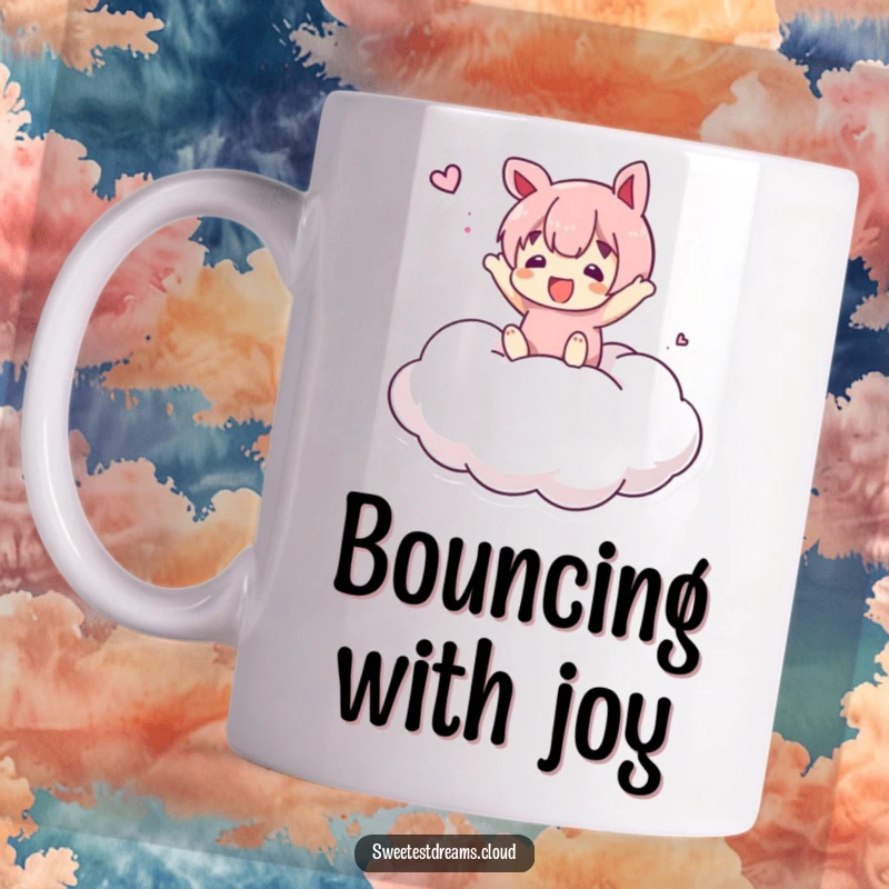 Funny Mug shows a character joyfully bouncing on a soft, marshmallow-like cloud, radiating pure happiness and fun.
