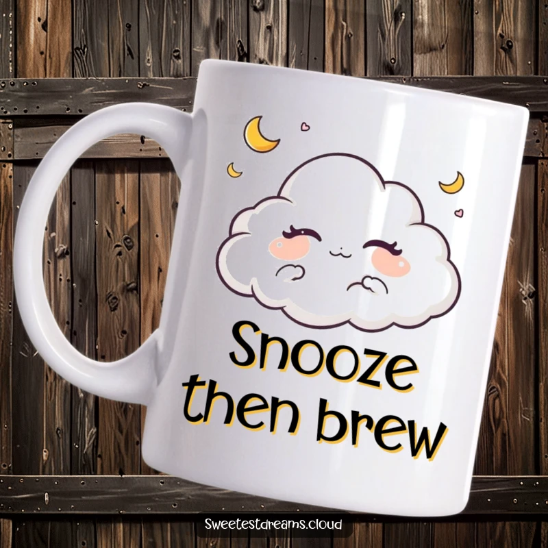 Funny mug featuring a tranquil cloud character with closed eyes surrounded by tiny crescent moons, evoking peaceful dreams.