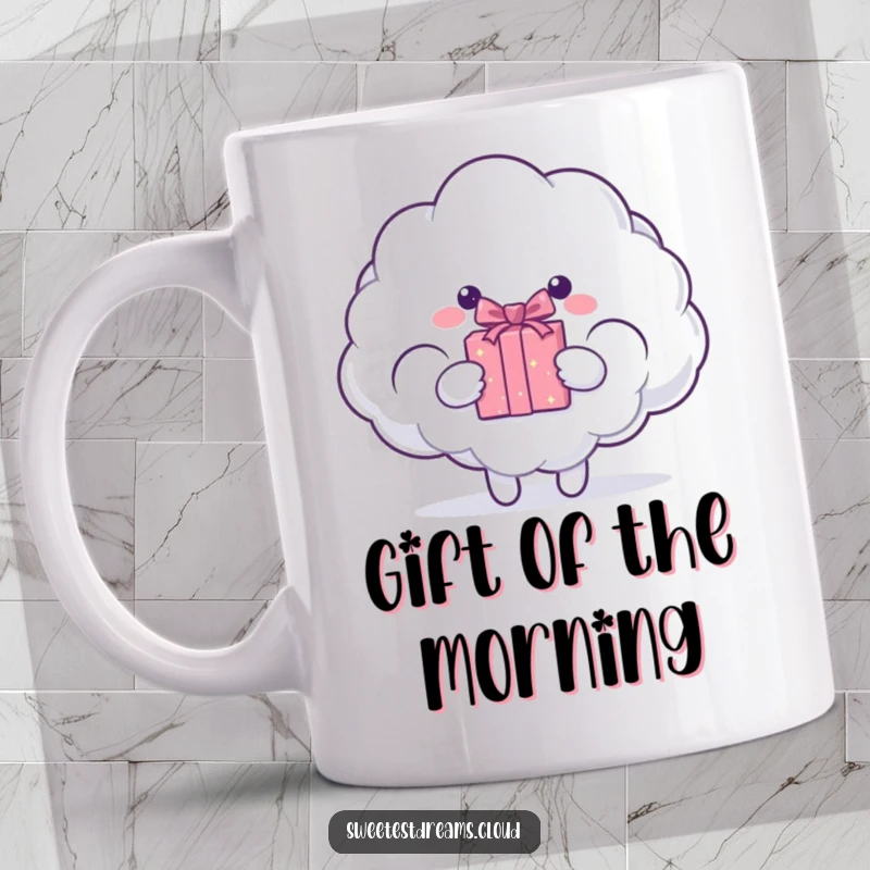 Funny cloud character presenting a sparkling gift box emerging from its fluffy body. Humorous mug.