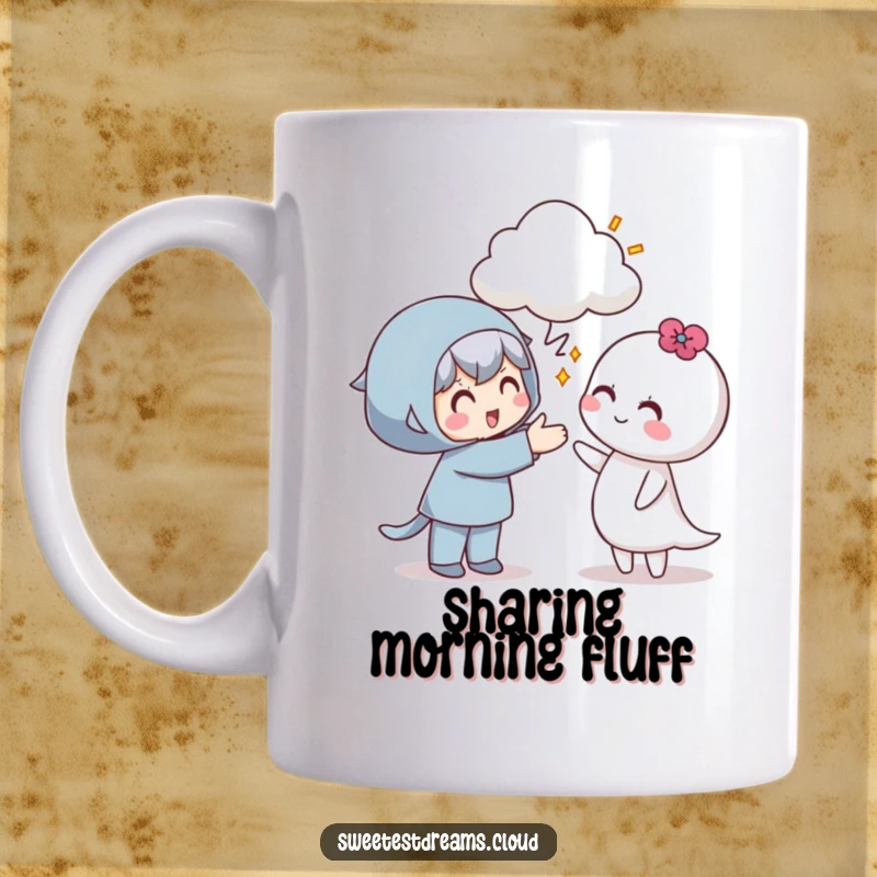 Funny mug depicting one character smilingly offering a fluffy cloud to another, symbolizing kindness and friendship.