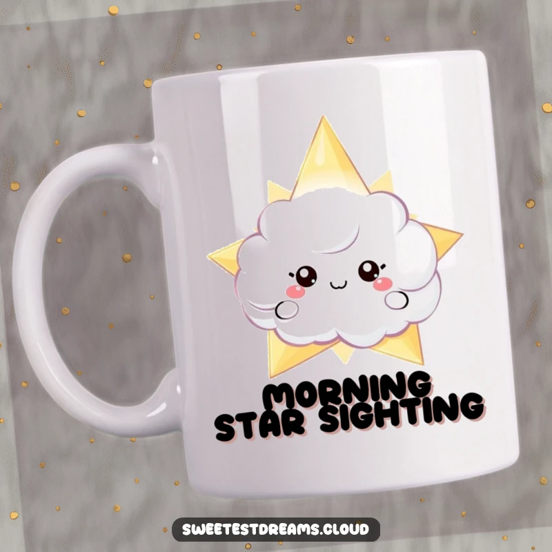 Funny mug featuring a shy cloud character playfully peeking from behind a large, shimmering star, hinting at cosmic secrets.
