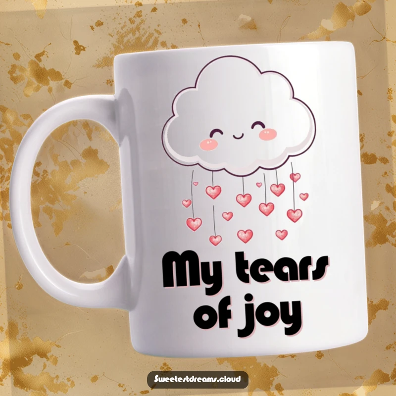 Funny mug featuring a cute cloud character playfully raining down tiny shimmering hearts, spreading love and joy.