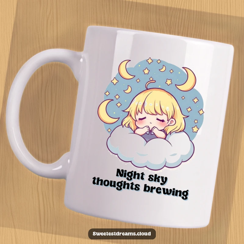Funny Mug: Character lost in dreams amidst swirling stars and moons, a whimsical and funny gift.