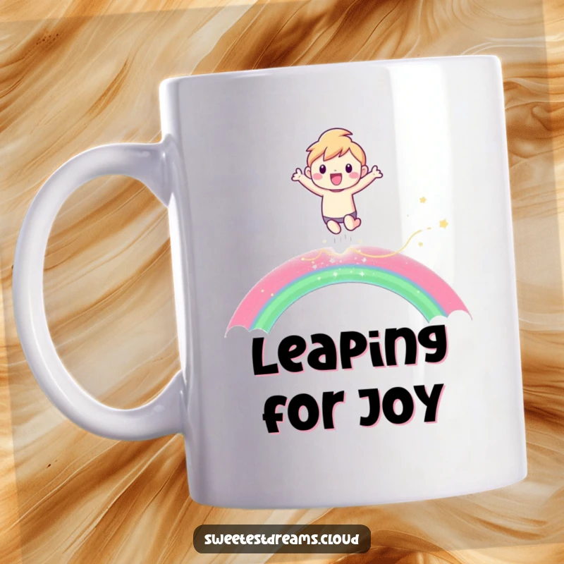 Funny Mug showing a happy character joyfully leaping high over a vibrant, shimmering rainbow, symbolizing pure delight.