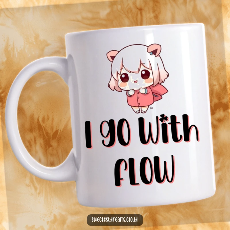 Funny kawaii character being carried softly by a gentle breeze, embodying peaceful movement. This mug is a humorous and calming gift.