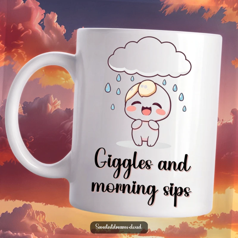 Funny kawaii character mug featuring a cute character giggling gleefully as sparkling dewdrops fall from a whimsical cloud.