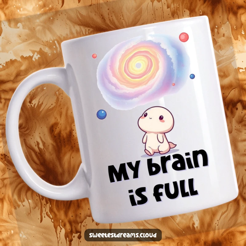 Funny kawaii character gazing in awe at a vibrant, swirling nebula, capturing cosmic wonder. This mug is a delightful gift for stargazers.