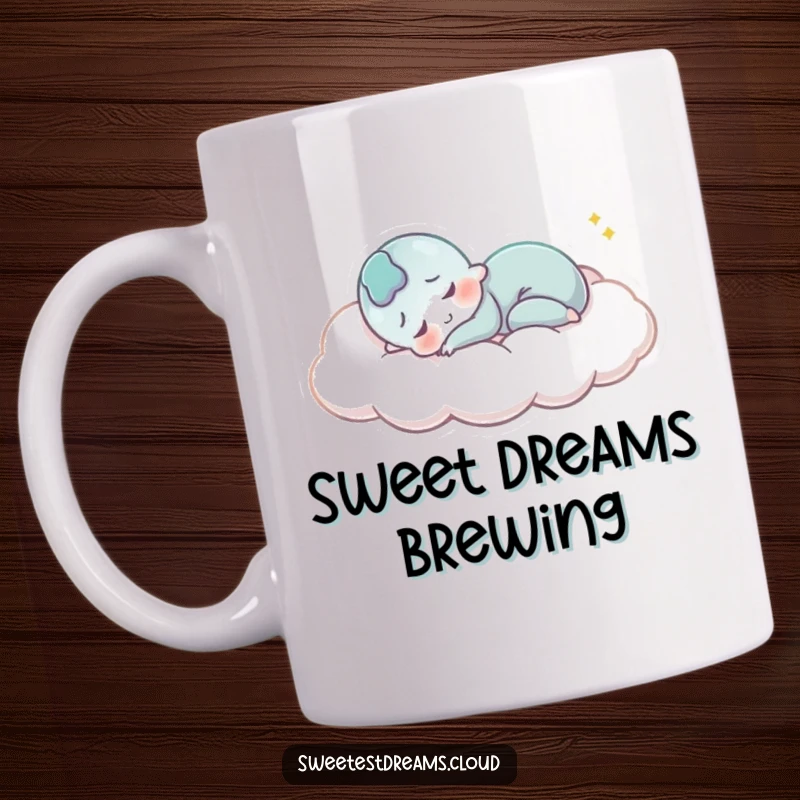 Funny Mug: A character sleeps soundly on a fluffy cloud, wearing a peaceful smile, embodying sweet, humorous serenity.