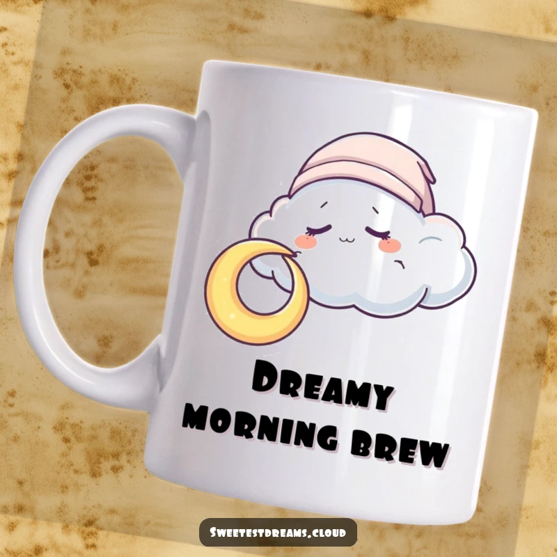Funny Mug featuring a sleepy cloud wearing a cap, nuzzling a crescent moon, evoking peace and sweet dreams.