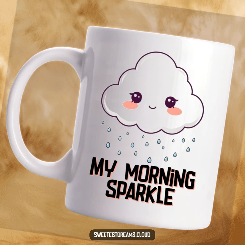 Funny mug depicting a cute cloud character gently raining tiny, sparkling drops, embodying whimsical joy and cheerful ambiance.