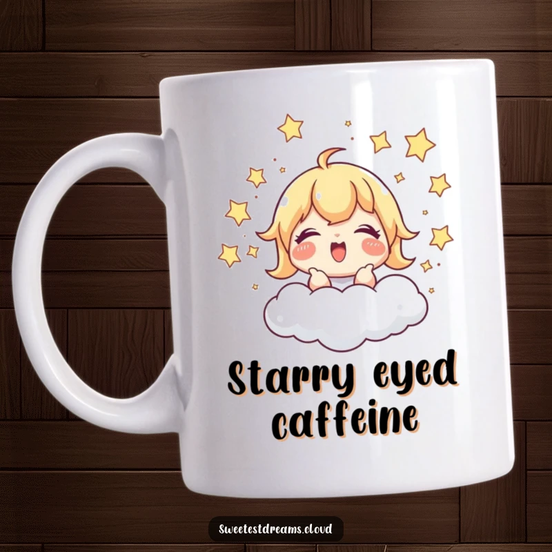 Funny Mug: A character giggles joyfully while chasing shimmering stars around a fluffy cloud, radiating playful happiness.