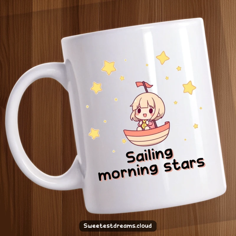 Funny mug showing a character happily sailing their boat through a sky filled with twinkling stars.