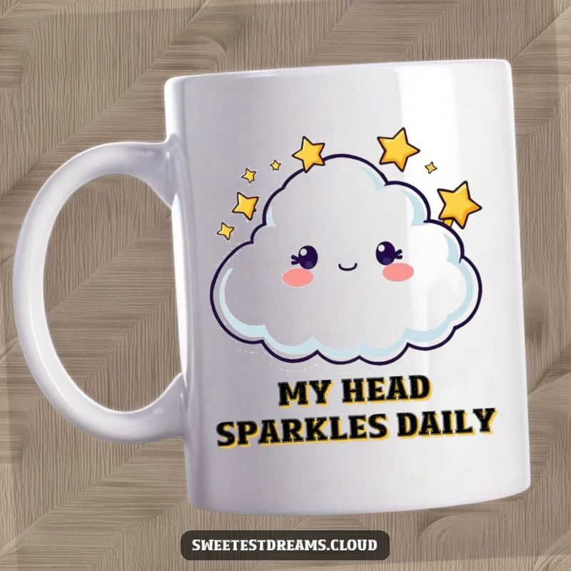 Funny cloud character with bright, twinkling stars circling its head, depicted humorously on a ceramic mug.
