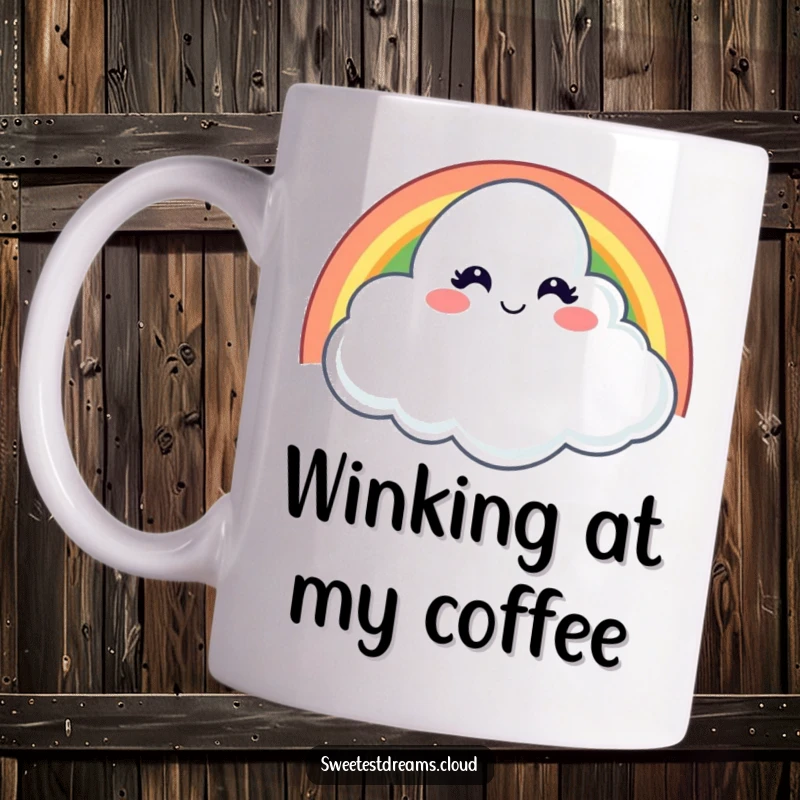 Funny mug featuring a cloud with a mischievous smile winking from behind a vibrant rainbow, embodying playful and cheeky humor.