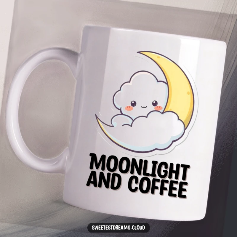 Funny mug with a cloud character playfully peeking from behind a crescent moon, creating a whimsical scene.