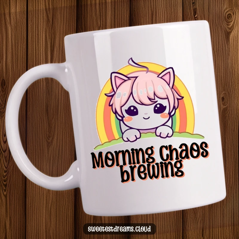Funny mug with a character peeking from behind a vibrant rainbow, sporting a mischievous grin and playful eyes.
