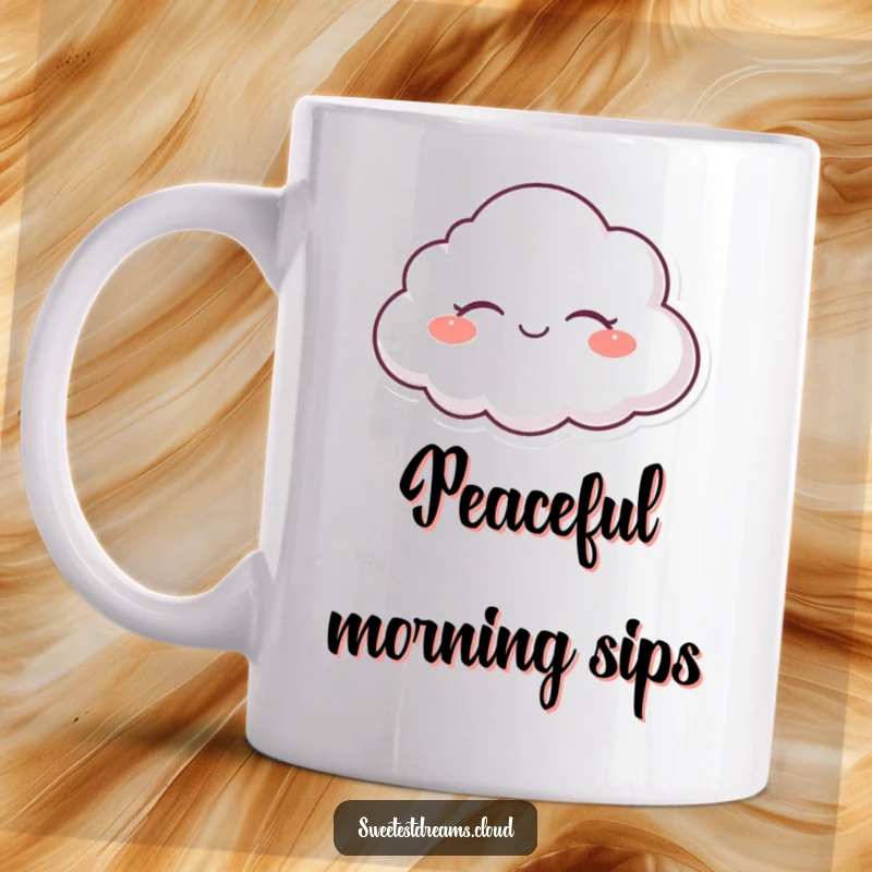 Funny mug featuring a blissfully serene cloud character floating with closed, happy eyes.