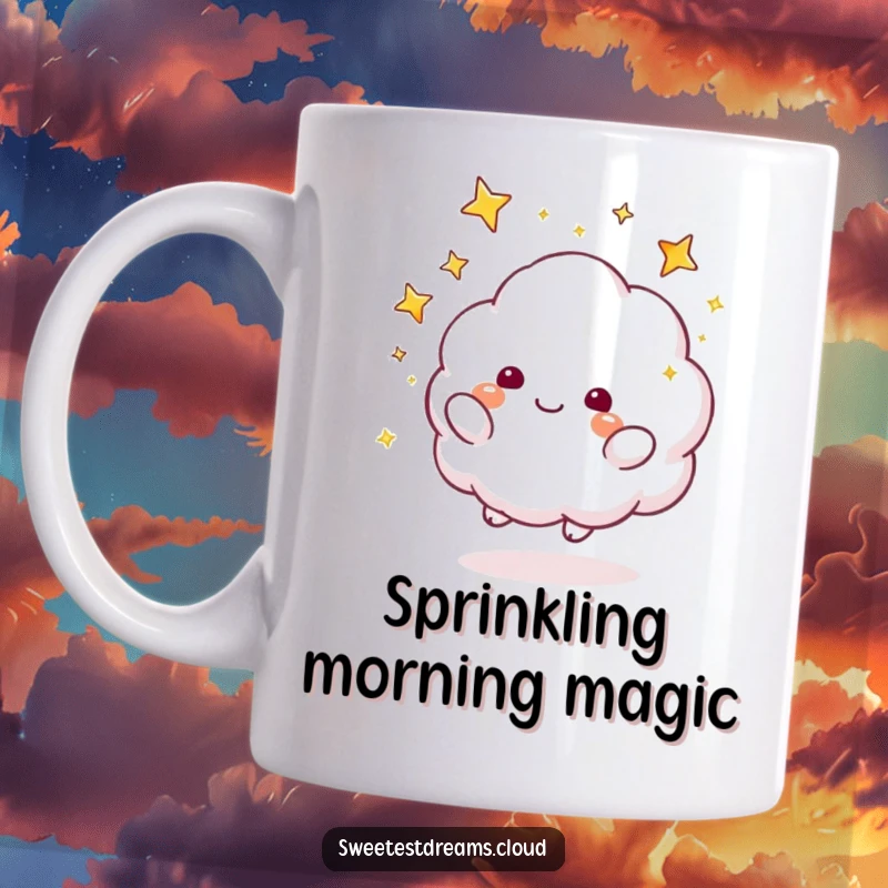 Funny Mug featuring a fluffy cloud character playfully tossing sparkly stars into the air, creating a magical scene.
