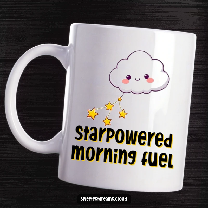 Funny mug showing a cloud character happily pulled along by a sparkling string of stars, on a delightful journey.