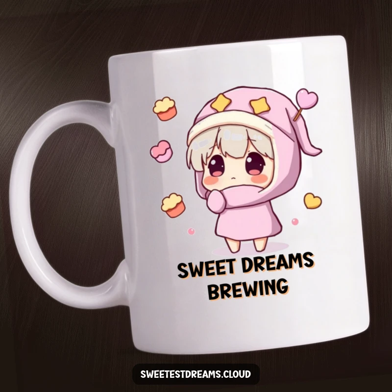 Funny Mug features a character in a nightcap gazing in amazement at floating, delicious-looking sweets, a sugary dream.