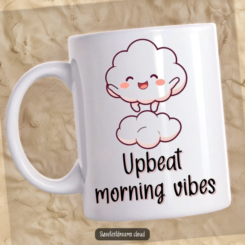 Funny cloud character joyfully bouncing high on top of a smaller, fluffy cloud. Humorous mug.